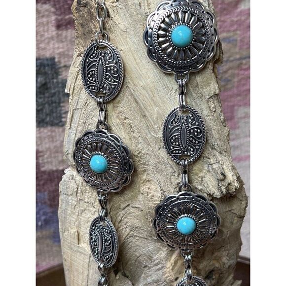 Concho Southwest Silver Unisex Chain belt adjustable to 52” Turquoise BIG stone main image 7